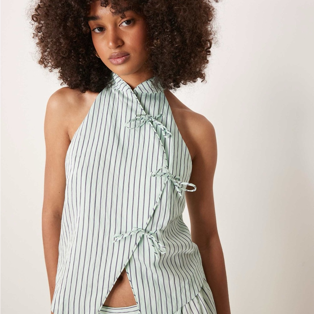ASOS Mango Mng Striped Halter Blouse in Mint XL